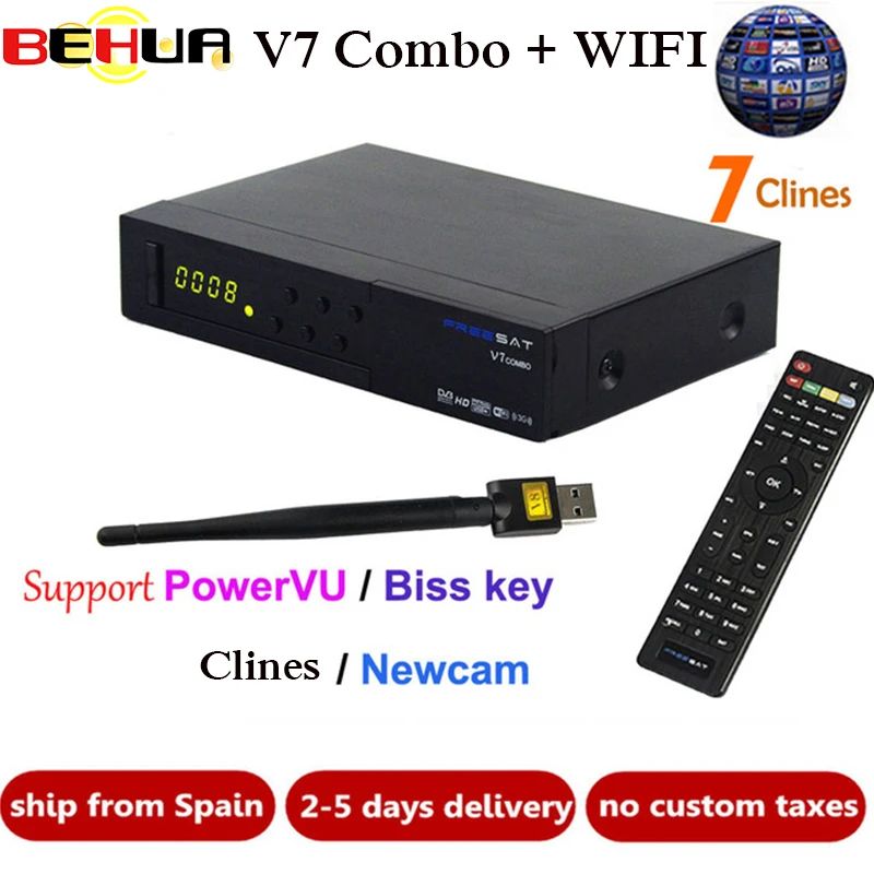

[Genuine] V7 Combo receptor HD Satellite TV Receiver DVB-S2 DVB-T2 Support PowerVu Biss Key Newcam DVB S2 T2+1 year 7 Clines