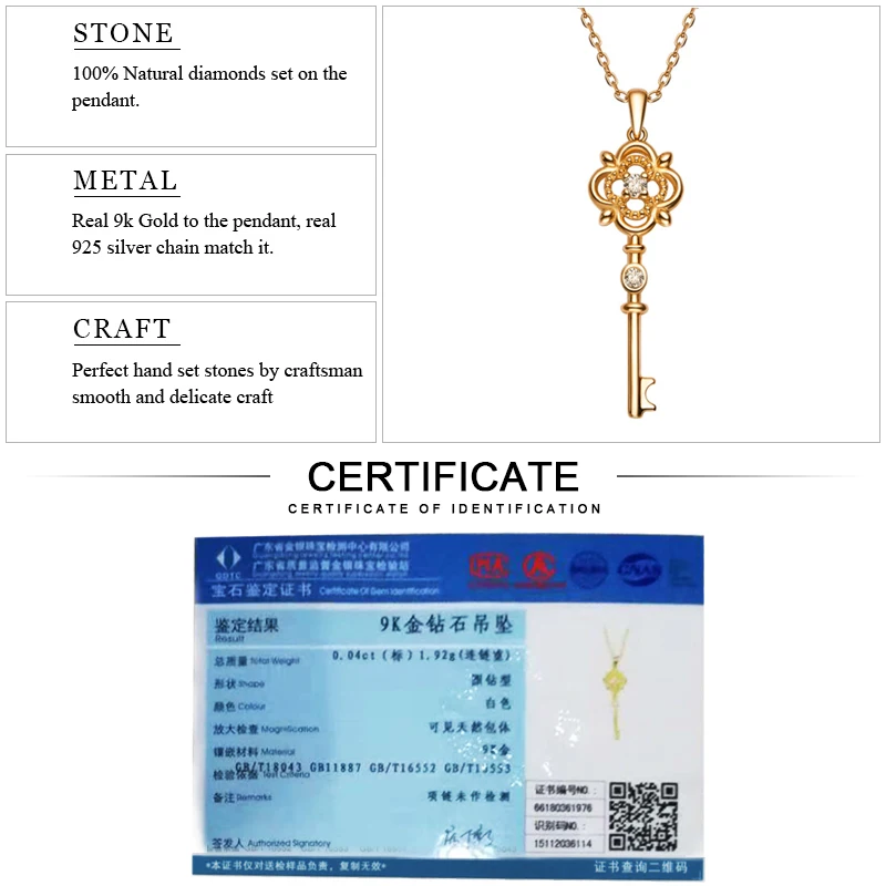 EDI Classic Clover Gold Diamond Key Pendant 9K Solid Rose Gold Real Natural Diamond Pendant Necklace Match 16' Silver Necklace
