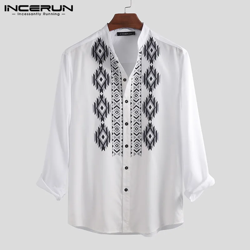 

INCERUN Fashion Men Shirt Stand Collar Printing Long Sleeve Loose Button Tops Camisa Casual Retro Brand Shirts Men Clothes 2019