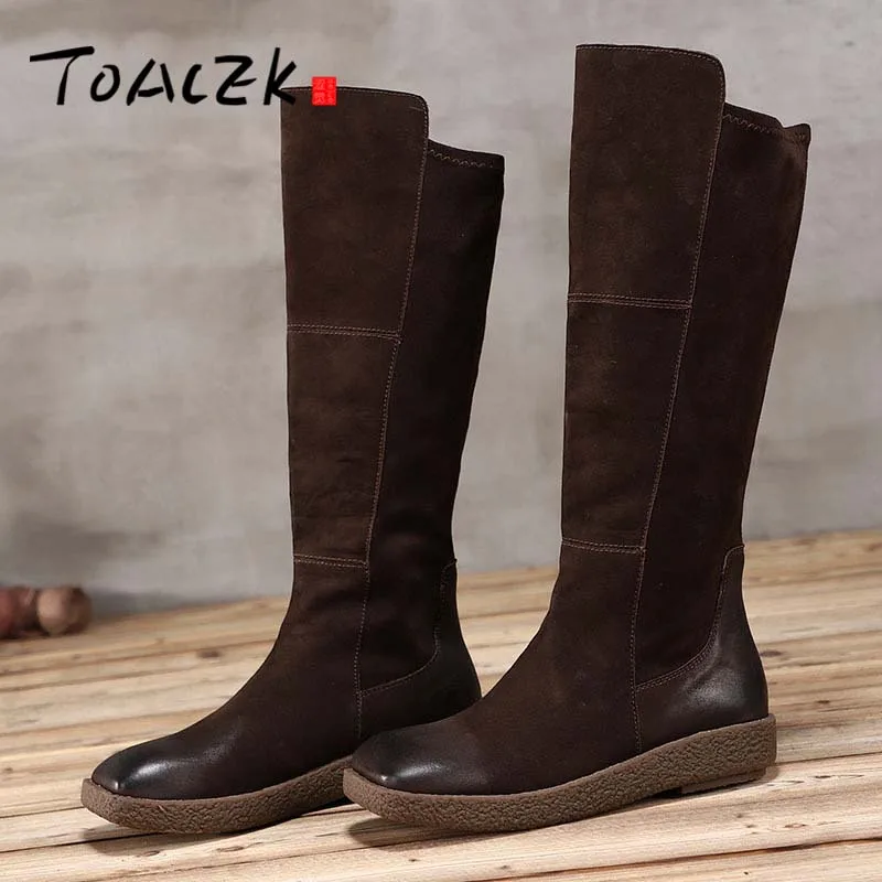 

Autumn and winter new flat bottom high boots women retro simple leather square head personality high boots
