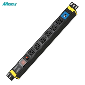 

1U PDU Power Strip Cabinet Distribution Unit Socket with USB 6way US Plug Outlets Overload Protection 2m Extension Cord