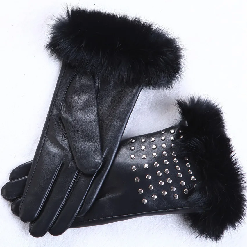 Высококачественные черные женские перчатки из натуральной кожи, зимние уличные теплые меховые утепленные женские перчатки из овчины с заклепками