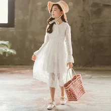 Новое платье для девочек белое кружевное платье принцессы с длинными рукавами модные детские платья с высокой талией пляжное праздничное платье RT392