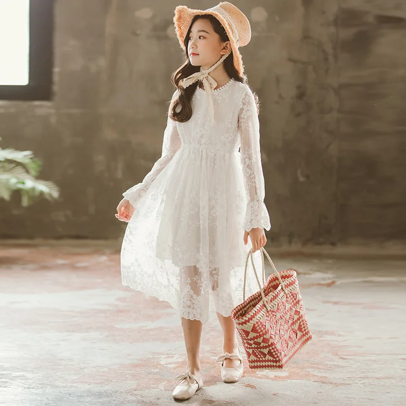 

2019 New Girls Dress White Long Sleeves Lace Princess Dress Fashion High Waist Kids Dresses Beach Party Dress RT392