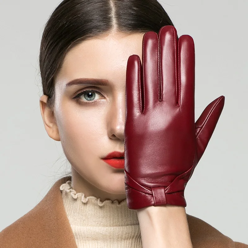 KLSS Brand Genuine Leather Women Gloves With Touchscreen Autumn Winter Plus Velvet Fashion Elegant Lady Goatskin Glove 202