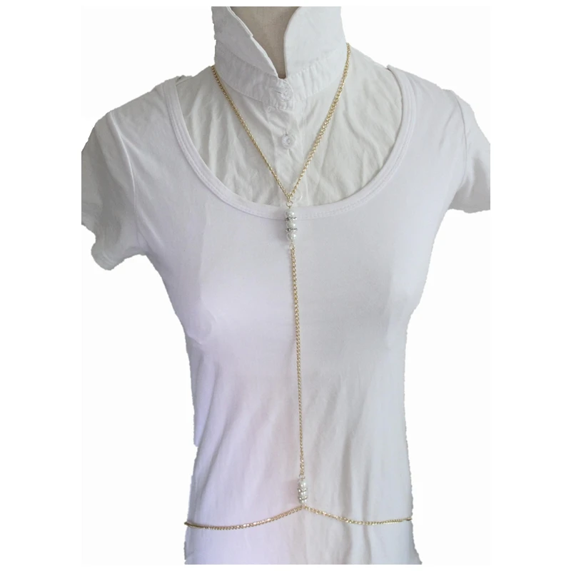 

CirGen Fashion Sexy Body Harness Design faux Pearl & Rhinestone Pendant Chain Belly Statement Collar Necklace choker Jewelry C17