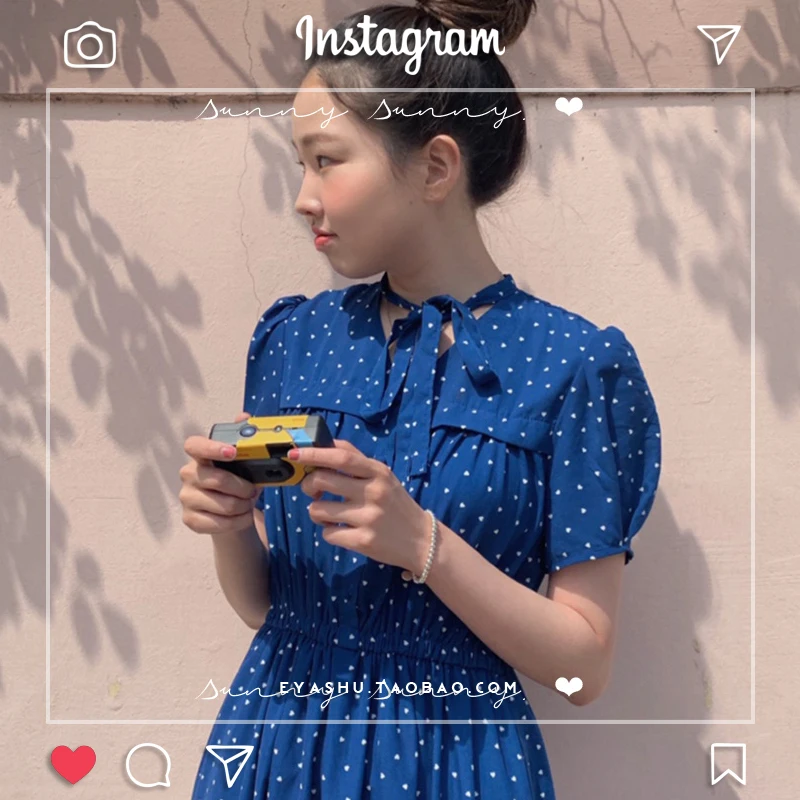

Recommend! Heart Print Blue Lady Dress One Piece Puff Sleeve Tie Slim Waist Midi Dress Robe Femme Vestido Mujer Vestiti Donna