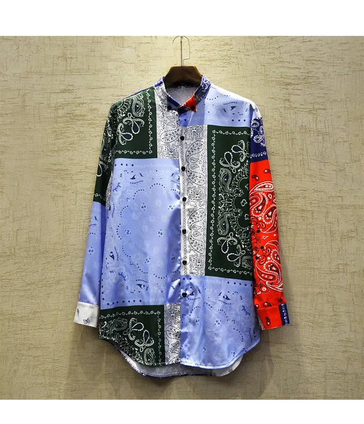 Men's Casual Shirt Camisa Masculina Hip Hop Patchwork Printed Long Sleeve Spring Summer Shirts Men National tide Fashion