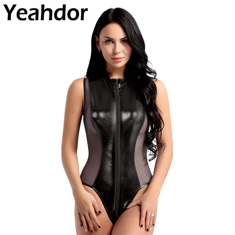 

Women Shiny Metallic Patent Leather Sheer Mesh Splice Lingerie Sleeveless Double Zipper High Cut Thong Leotard Bodysuit Summer