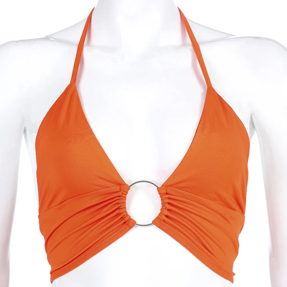 Одноцветный оранжевый сексуальный короткий топ с бретелькой через шею, женские топики с открытой спиной, бандажный топ на шнуровке с блестками и металлическим кольцом,, вечерние Клубные бюстье