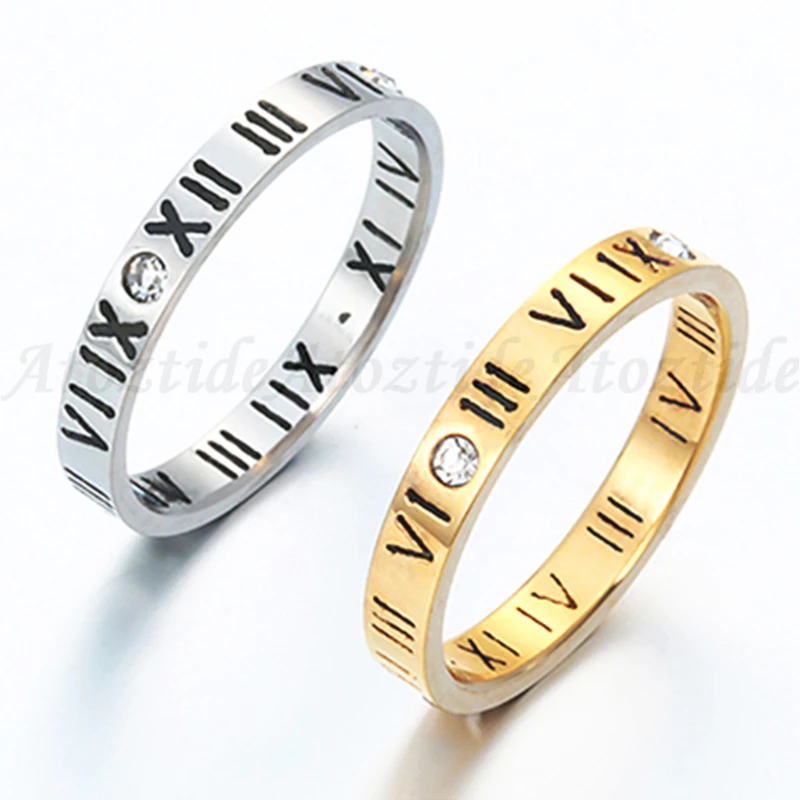 Atoztide, 4-8 мм, нержавеющая сталь, римские цифры для женщин и мужчин, кубический цирконий, полые, обручальное кольцо, круглый черный палец, кольцо, ювелирные изделия