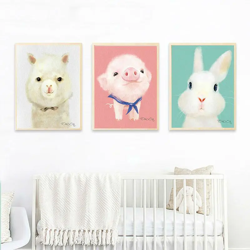 Художественный плакат на холсте, милые животные, кролик, пингвин, розовая свинья, живопись, детская комната, кровать, комната, печатные настенные картины, домашний декор, скандинавский стиль