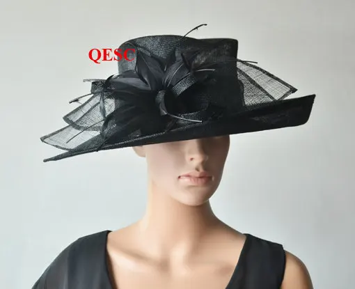 Wholesale Big lack large wide brim Dress Church Sinamay Hats with feather  flowers for races,wedding,Kentucky derby,party