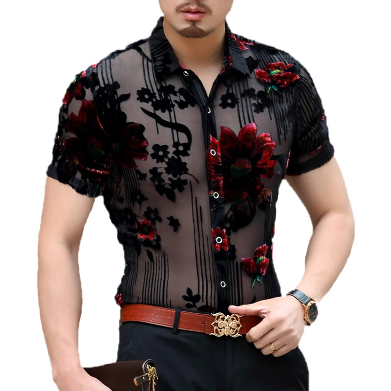 Mens floral shirts summer new arrival 2017 sexy see through male dress ...