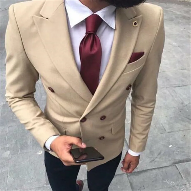Custom Made Double Breasted Khaki Coat Terno Men Suits Fashion Slim Notch Lapel Latest Coat Pant