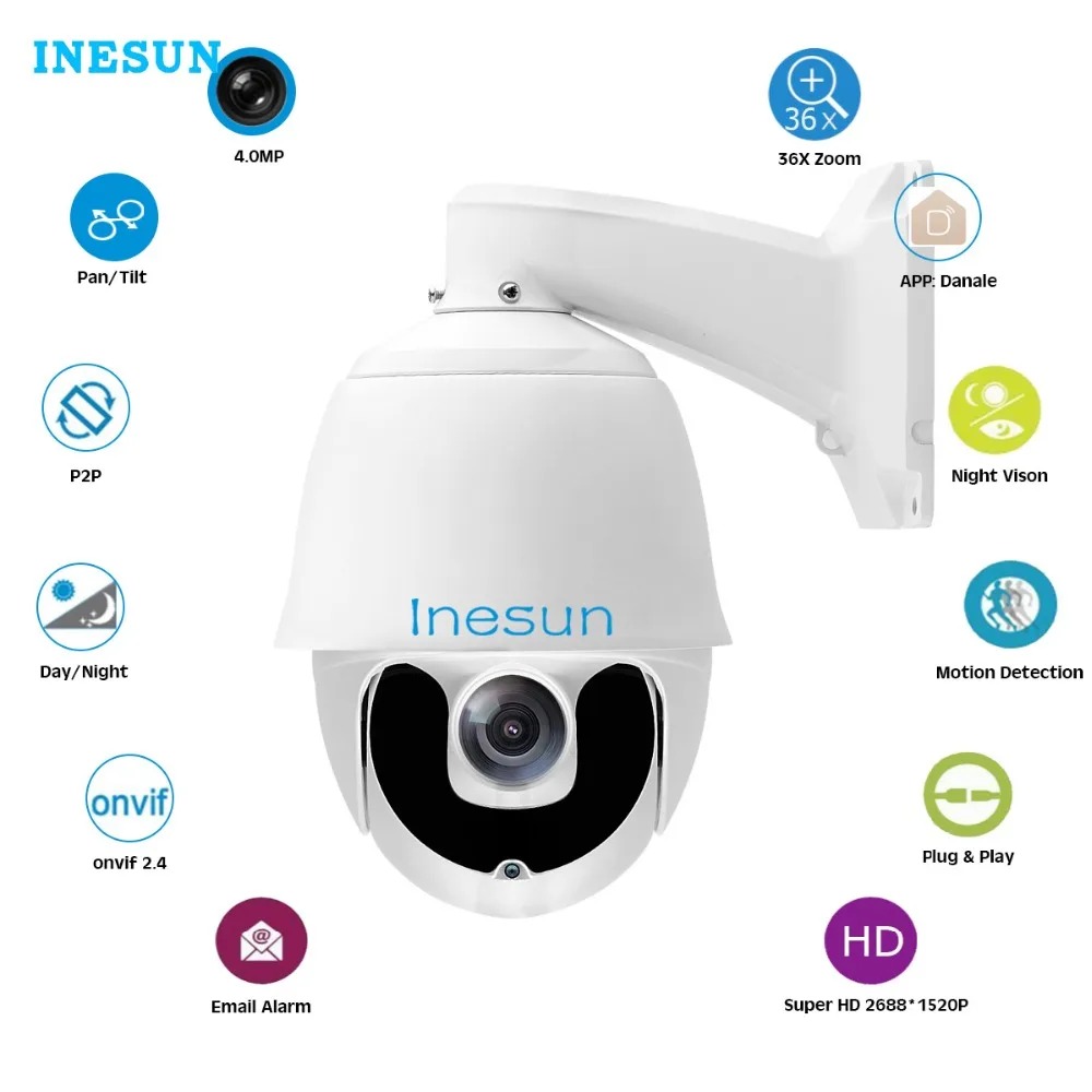 

Inesun Outdoor 4MP (36X Optical Zoom) PTZ IP Security Camera HD 2688x1520p Surveillance Camera Laser IR Nigh Vision up to 820ft
