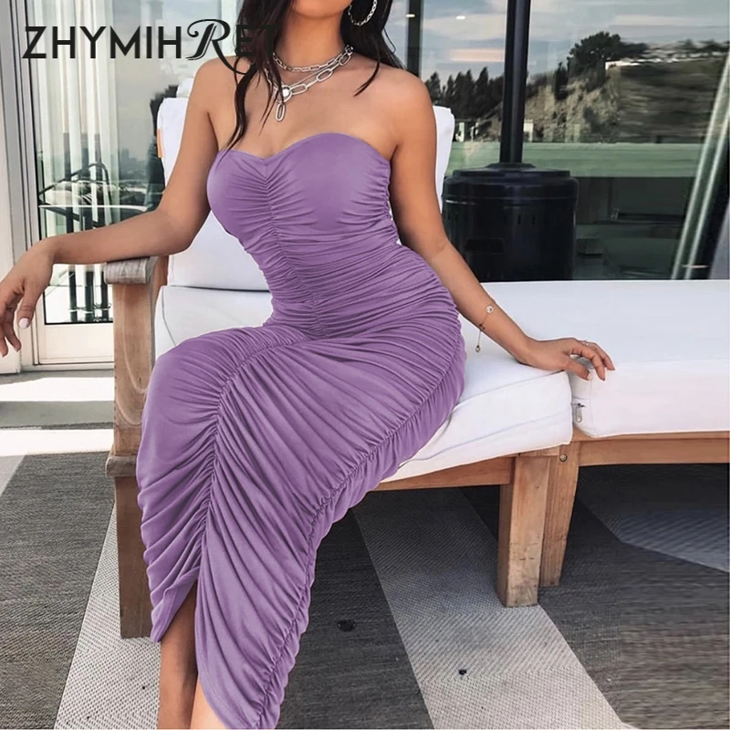ZHYMIHRET фиолетовое платье без бретелек с рюшами, женское элегантное платье миди, неоновые Сексуальные облегающие вечерние платья, летние сарафаны