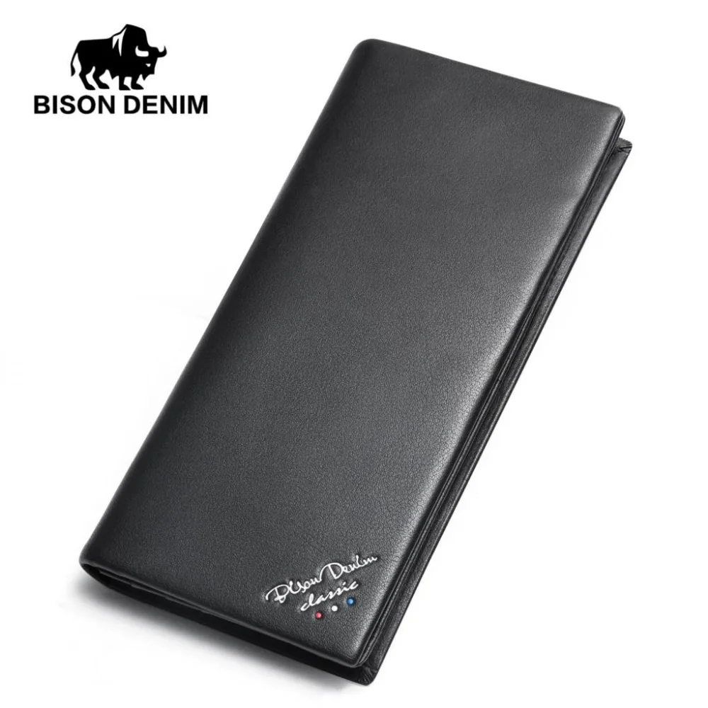 

BISON DENIM fashion famous brand men wallets genuine leather long slim bifold wallet cowhide male card holder purse wallet