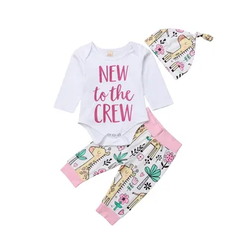 

Brand Newest 3Pcs Toddler Newborn Baby Girl Romper Letter Tops+Giraffe Legging Pants Outfits Clothes Cotton Sweet Clothing