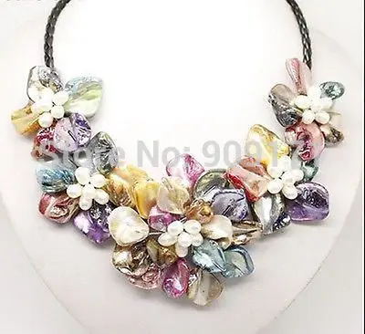 

18'' Gorgeous Multicolor baroque shell pearl Five flowers bloom Bib necklace