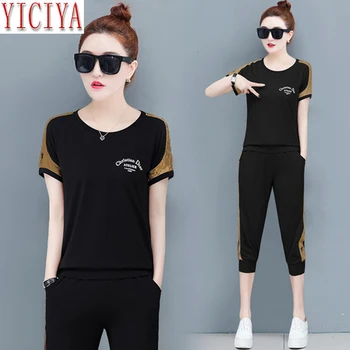 

Black Plus Size 2020 Summer Two Piece Outfits Tracksuits for Women Pants Suits and Top Sportswear Fitness Co-ord Set Clothes