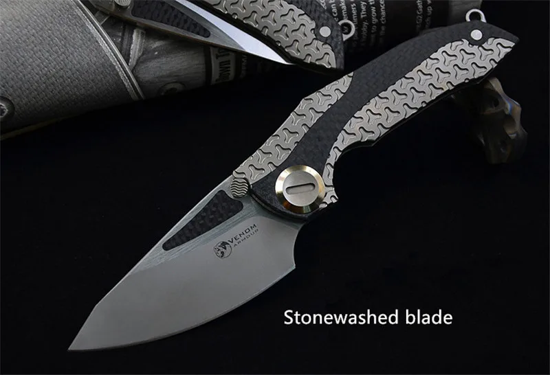 VENOM ARMOUR M390 стальной титановый CF Флиппер складной нож для отдыха на природе, охоты, выживания, карманные кухонные ножи для фруктов, EDC инструменты - Цвет: Gray StoneWash