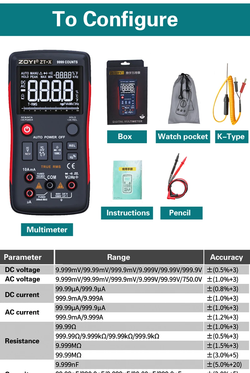 ZT-X Цифровой мультиметр True-RMS Кнопка 9999 отсчетов с аналоговым графом AC/DC Напряжение Амперметр Ток Ом Авто/руководство