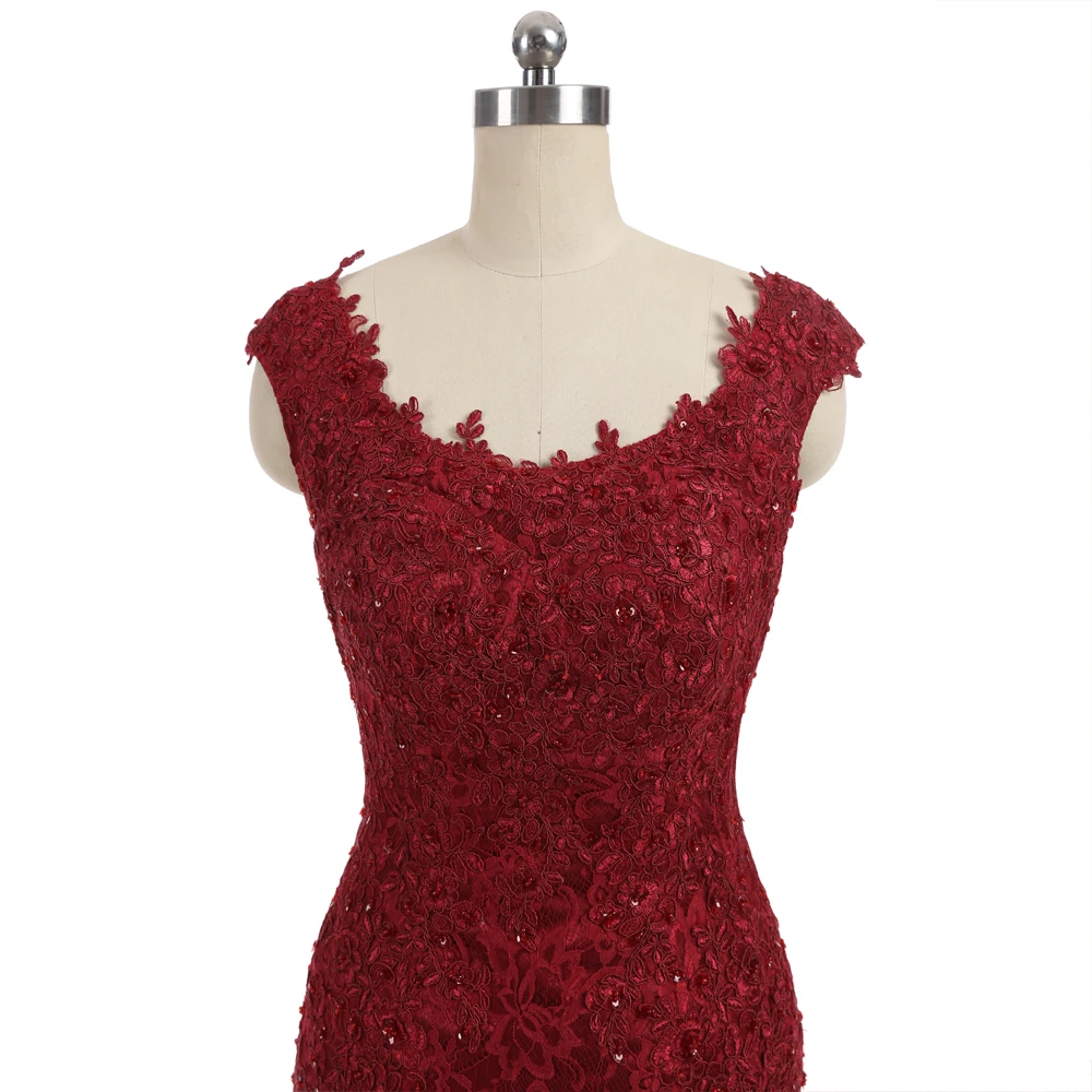 Burgundy Evening Dresses Mermaid Cap Sleeves Lace Beaded Backless Elegant Long Women Evening Gown Prom Dresses Prom Gown