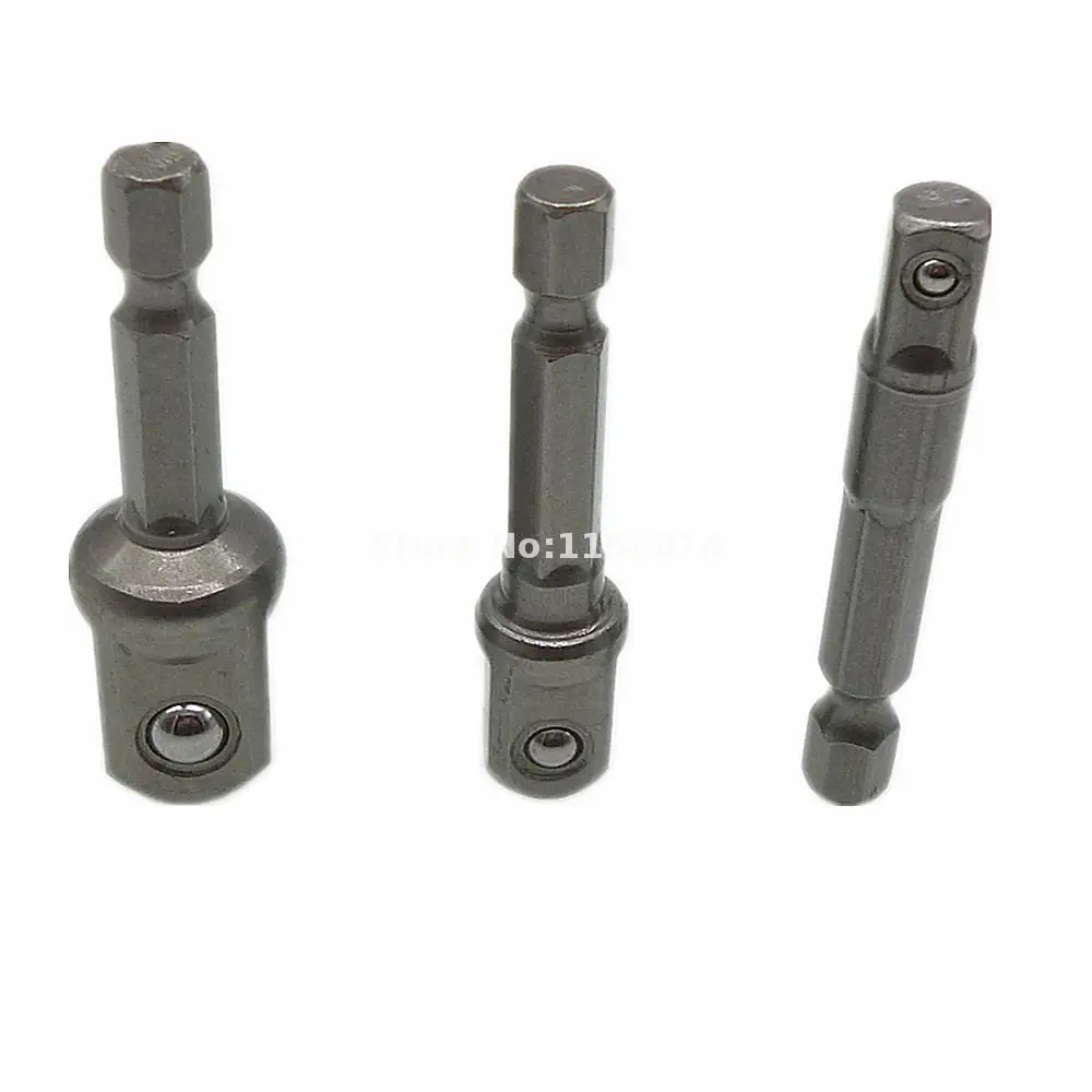 3pc Socket Adapter Set 1/4" Hex Shank To 1/4" 3/8" 1/2" Impact Drill Square Driver Adapter