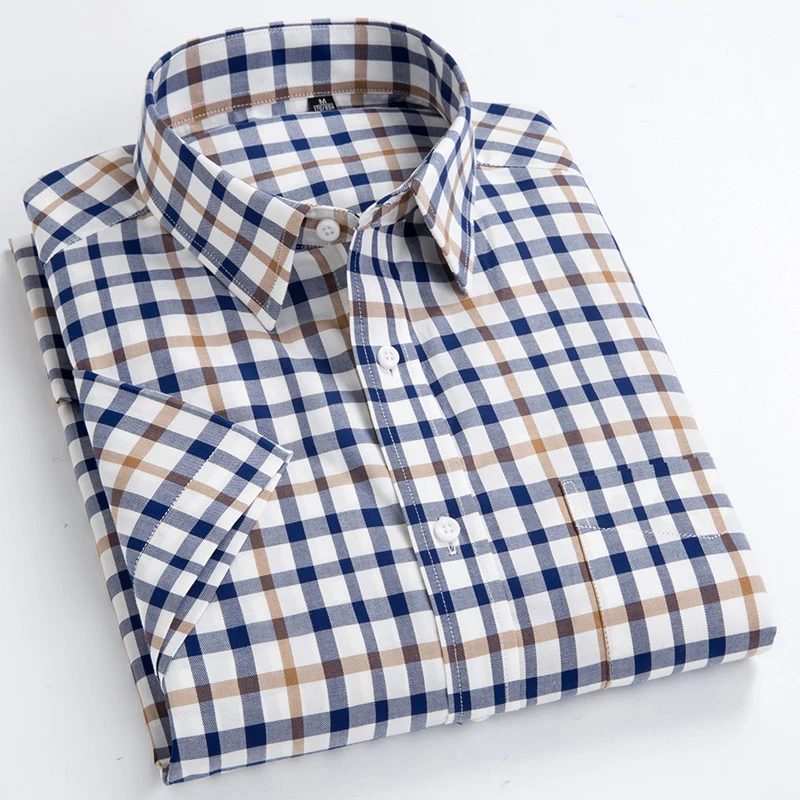 Acheter Hommes de Standard Fit À Manches Courtes À Carreaux Chemise À Carreaux Poche Plaquée Poitrine Mince Doux 100% Coton Bouton col Rayé Robe Chemise