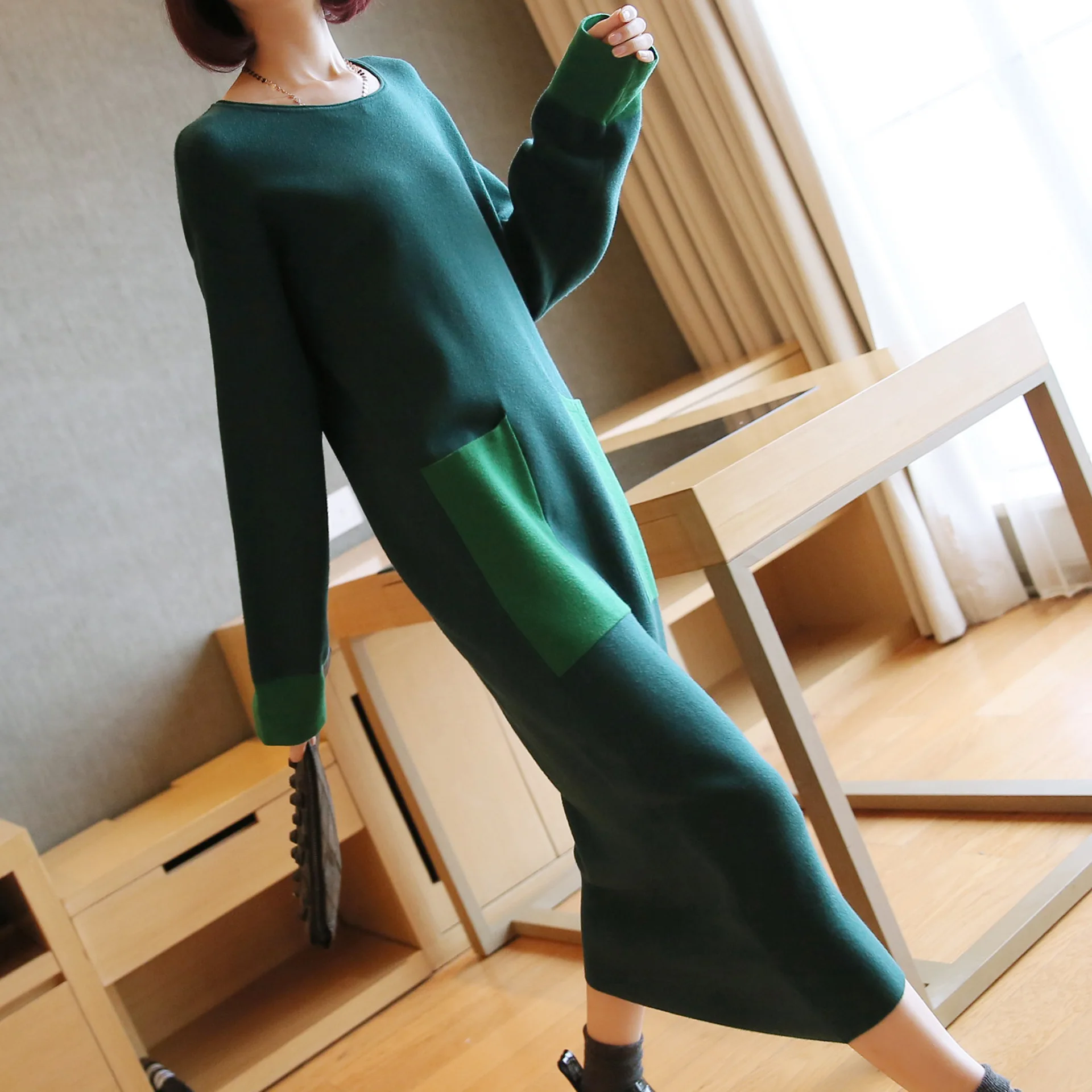 Осенне-зимнее новое женское длинное трикотажное платье большого размера свободный свитер с длинным рукавом - Цвет: Wood green