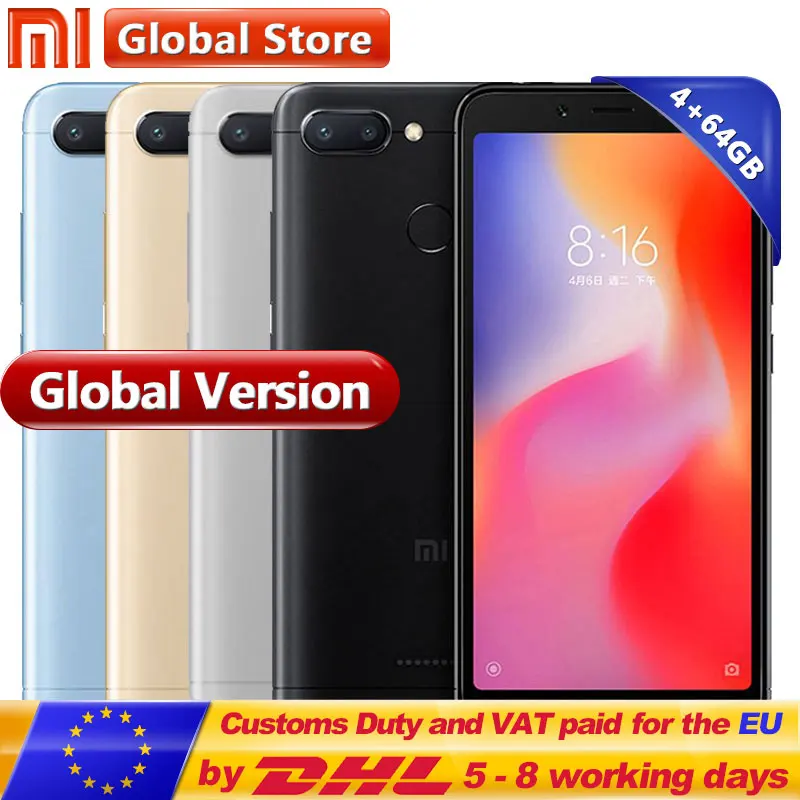 Глобальная версия Xiaomi Redmi 6 4 Гб 64 ГБ Восьмиядерный процессор Helio P22 мобильный