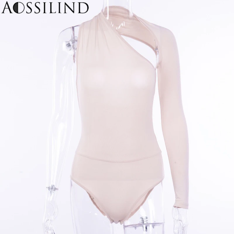 AOSSILIND Sexy One Shoulder Backless Skinny Bodysuits Women Autumn Long Sleeve Hollow Out Rompers Ladies Stretchy Bodysuit