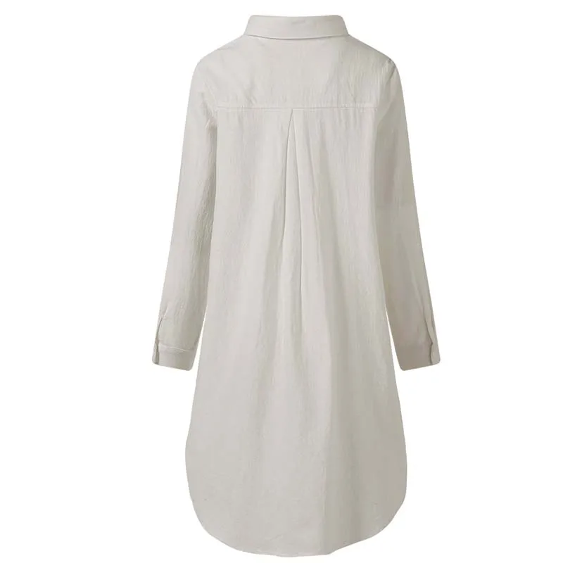 ZANZEA Женская хлопковая однотонная Длинная блузка с отворотами и пуговицами, элегантная повседневная Свободная рубашка с длинным рукавом, Vestido Blusas M-5XL