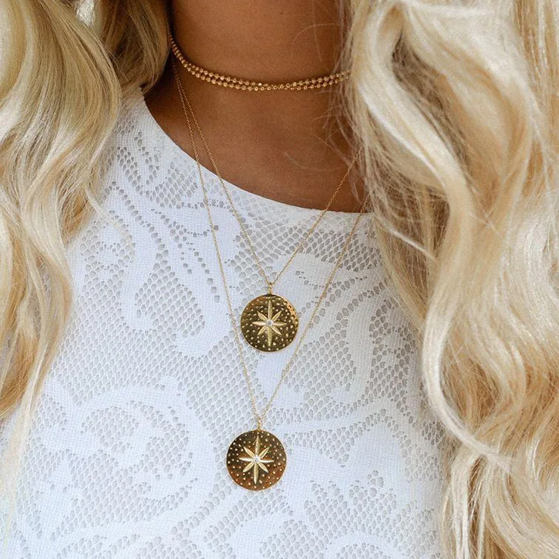 

Tocona Hot New Arrive Multilayer Round Pandents Necklace Vintage Gold Link Chain Bohemia Necklaces&Pendants for Women 6119