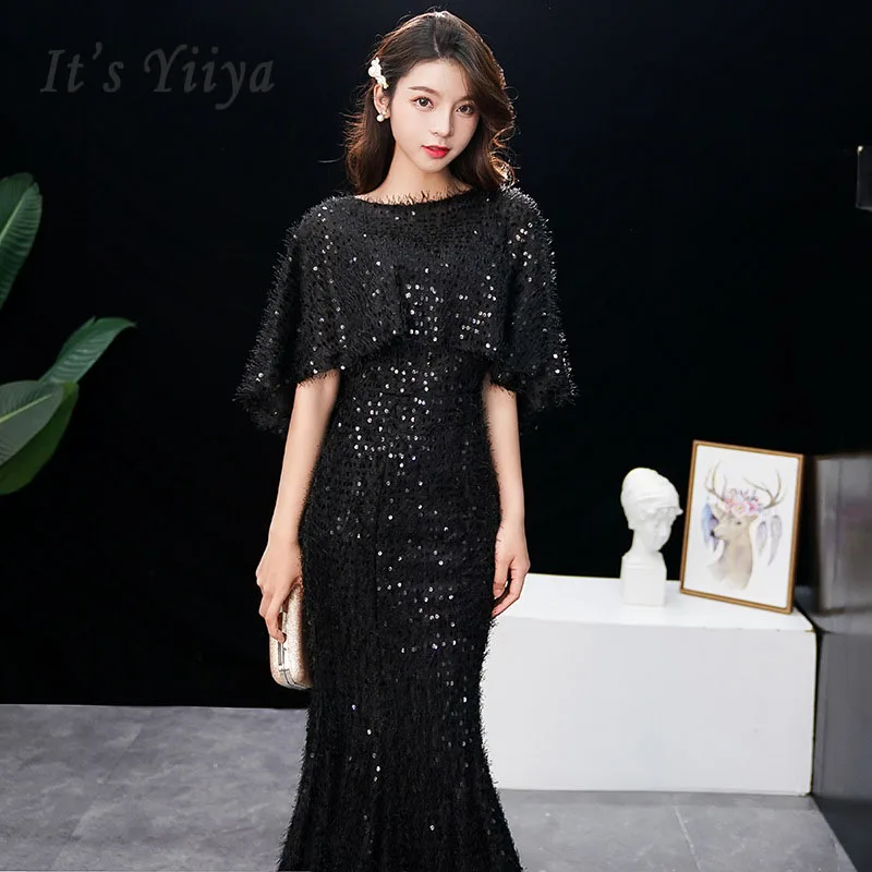 

It's Yiiya Evening Dress Elegant Short Sleeve Robe De Soiree 0-neck Women Party Dresses 2019 Long Plus Size Slim Prom Dress E578