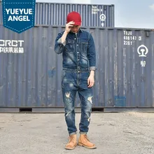 Дизайнерские модные мужские дырявые джинсовые комбинезоны винтажные синие джинсы для мужчин Harajuku Рабочая грузовая одежда длинная Повседневная Уличная