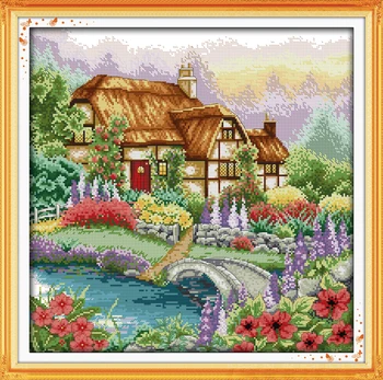 

Flower Cottage Cross Stitch Kits Fairy tale House pattern Printed canvas Embroidery Needlework Easy Cross-stitch 14CT Fabric