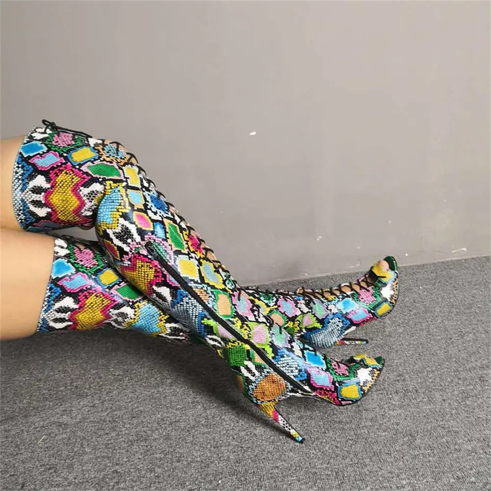 Luxury Women's Plus Size 35-47 Colorful Snake Print Women Shoes Woman Sexy Thin High Heels Summer Boots Over The Knee Boots