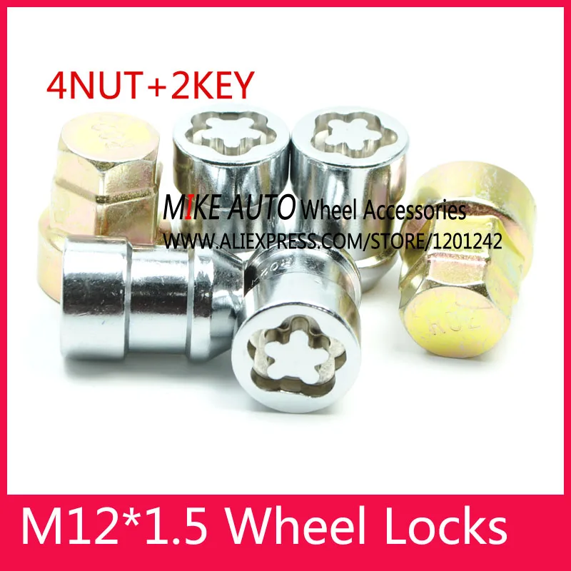 4NUTS+2KEYS M12x1.5 Chrome Wheel Locks Nut Anti Sheft set Security