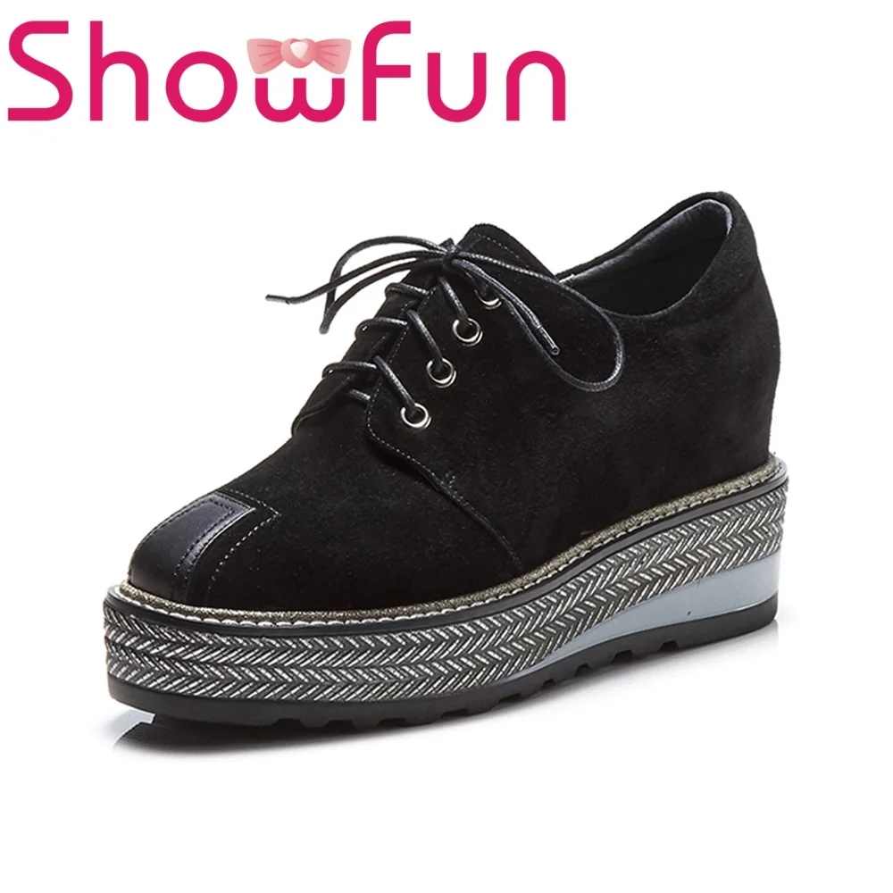 

Showfun genuine leather shoes woman dress kid suede round toe lace-up cross-tied turned-over edge flat platform flats