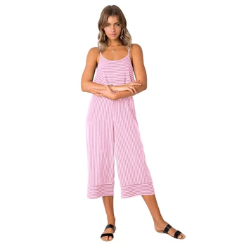 

Women Summer Sleeveless Strapless Gallus Stripe Jumpsuit Casual Leisure Backless Cotton Romper White Pink Blue FS0556