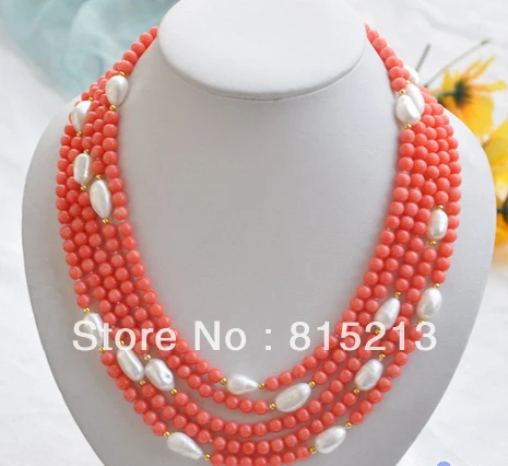 

ddh00765 natural 5row pink coral bead white baroque pearl NECKLACE