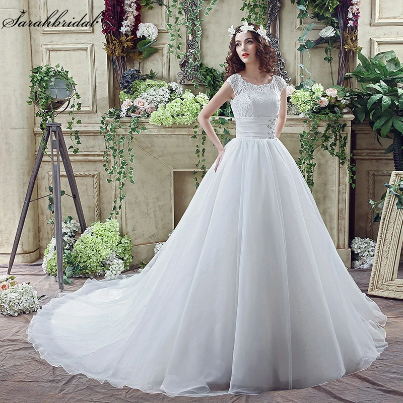 Cap Sleeve White A-line Court Train Wedding Dresses Elegant Lace Crystal Sequin Beaded mariage Wedding Gowns SQS041