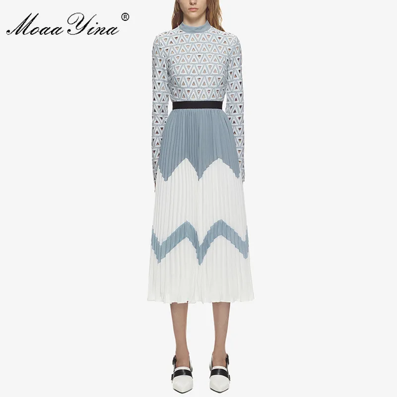 

MoaaYina 2018 Fashion Designer Runway Midi Dress Summer Women Stand collar Long sleeve Hollow Out Patchwork Pleated Casual Dress