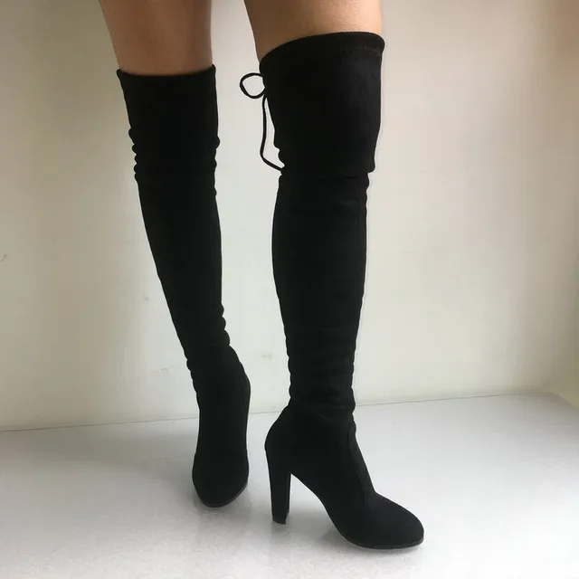 Top Faux Suede Women Thigh High Boots Stretch Slim Sexy Fashion Over the Knee Boots Female Shoes High Heels Black Gray Wine Nude -