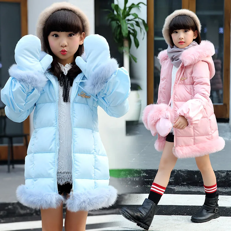 

New 2016 Girls Fur Collar Cotton-padded Winter Children Jackets Girls Long Outerwear &Coats with gloves Baby Kids Age 3-13 T