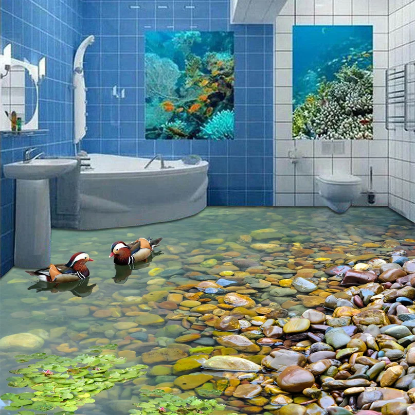 

Custom Mural Wallpaper Mandarin Ducks Bathing Living Room Restaurant Bathroom Floor Sticker Waterproof Self-adhesive Wallpaper