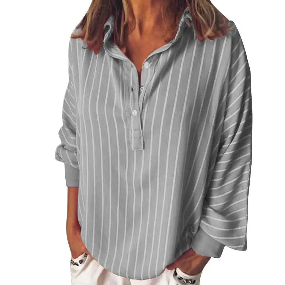 Женская Осенняя Свободная Повседневная полосатая рубашка больших размеров 5XL Женская пуговица Длинные рукава с отворотами свободные топы блузка Мода зеленый - Цвет: Серый