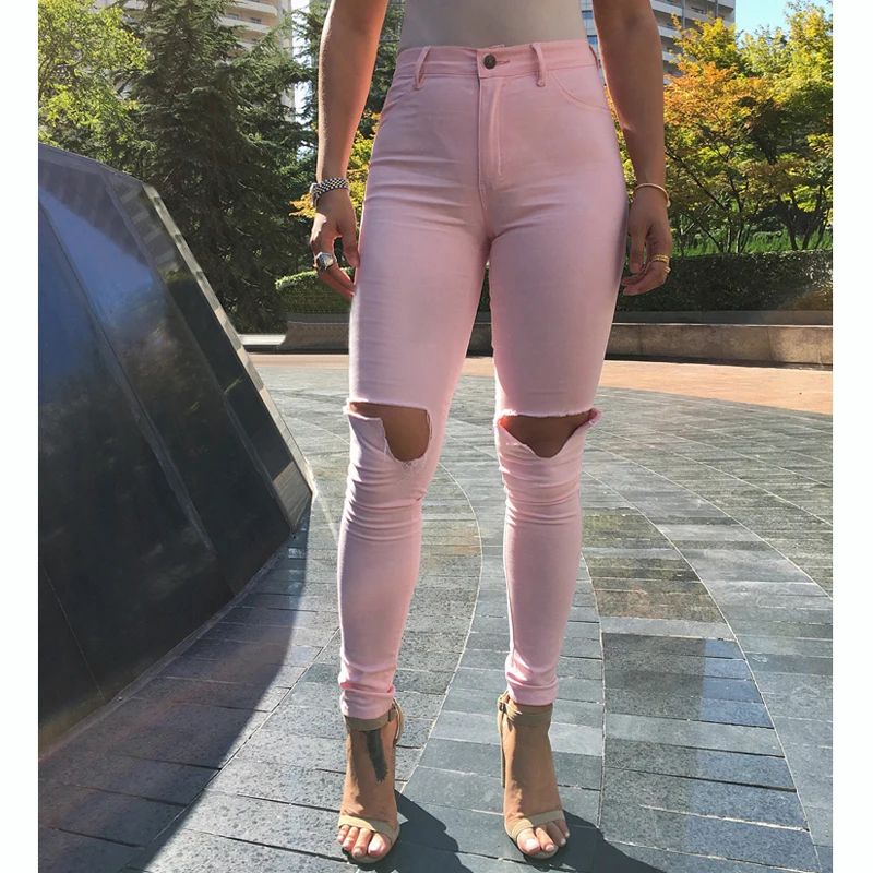 Good Quality Fashion High Waist Skinny Jeans Femme Stretch Pink/White/Black Pants Denim With Pockets Ripped Jeans Women